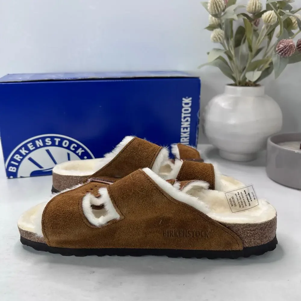 Birkenstock Arizona Suede Shearling Lined Slide Mink Women 7/Men 5/EU38 Narrow